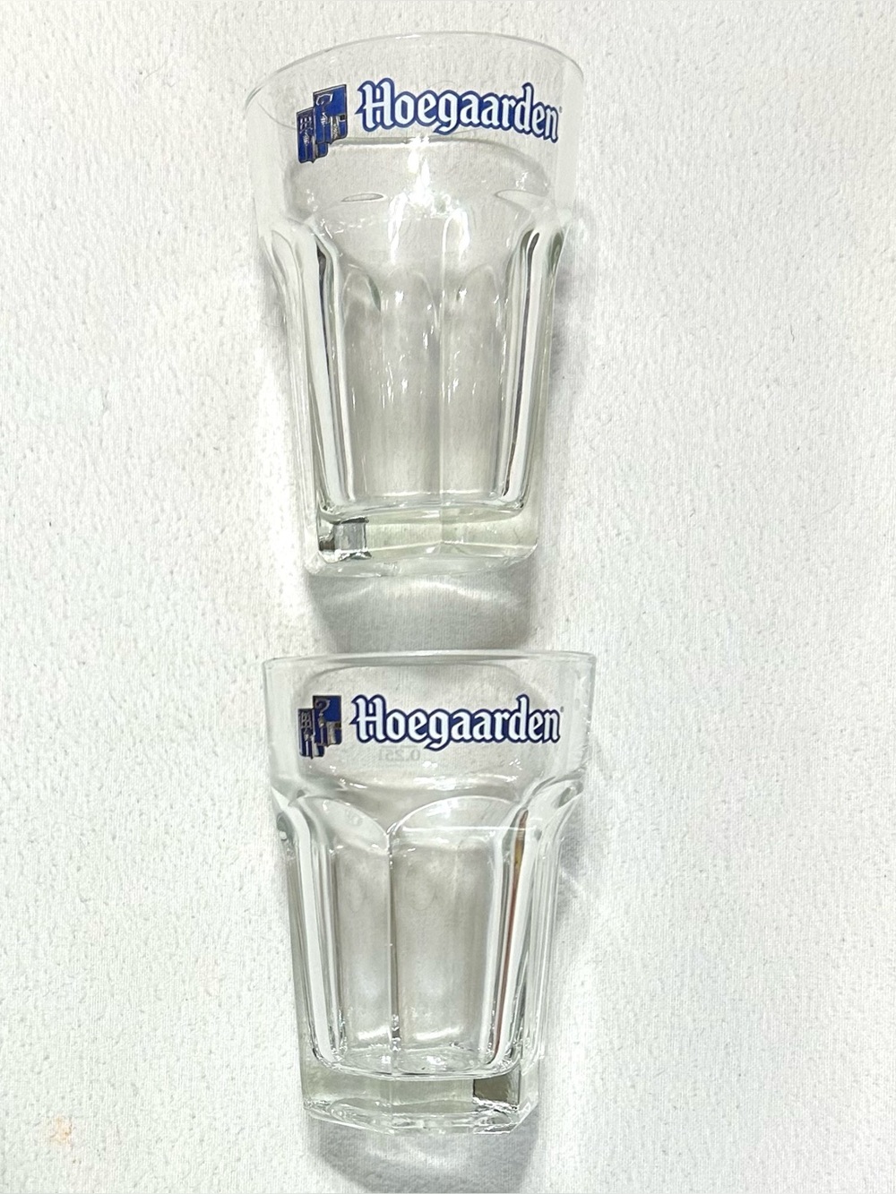 2 Hoegaarden Beer Ale Glasses .25 Litre Heavy Hexagonal Belgium  5” Tall